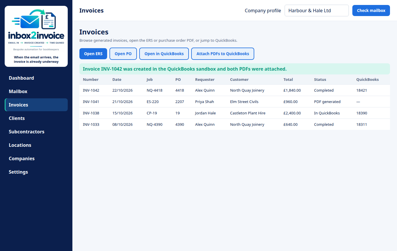 Invoice list for Harbour and Hale Ltd