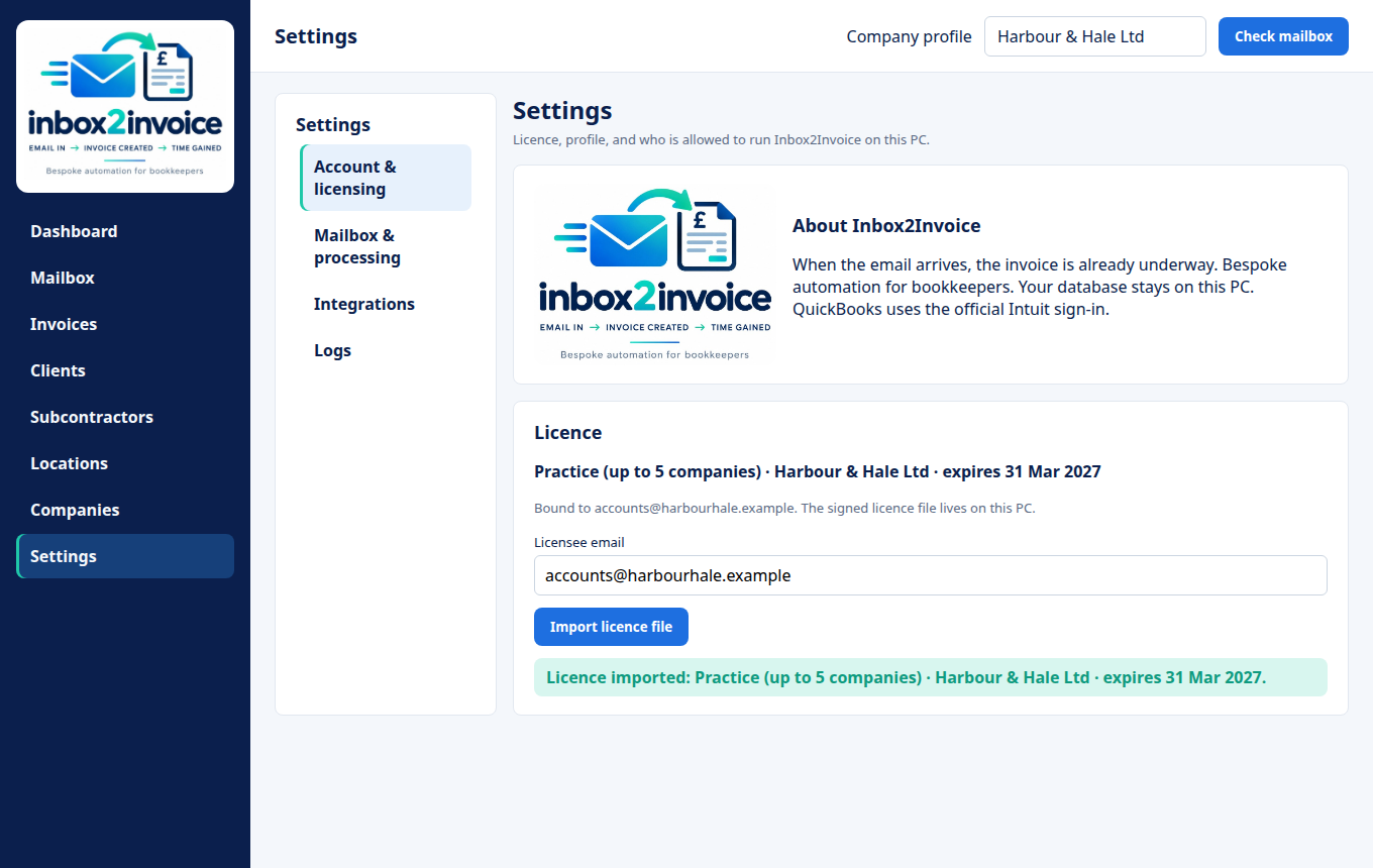 Settings about panel and licence card